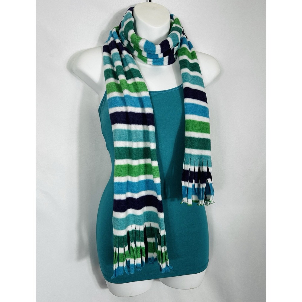 Vintage Old Navy Fleece Preppy Y2K 90S Scarf One Size Blue Green Rainbow Striped